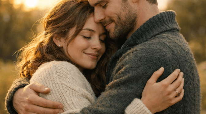 Couple hugging closely with eyes closed, smiling gently