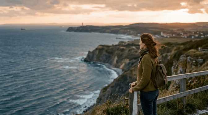 Hiker viewing the ocean from a coastal cliff trail at sunset