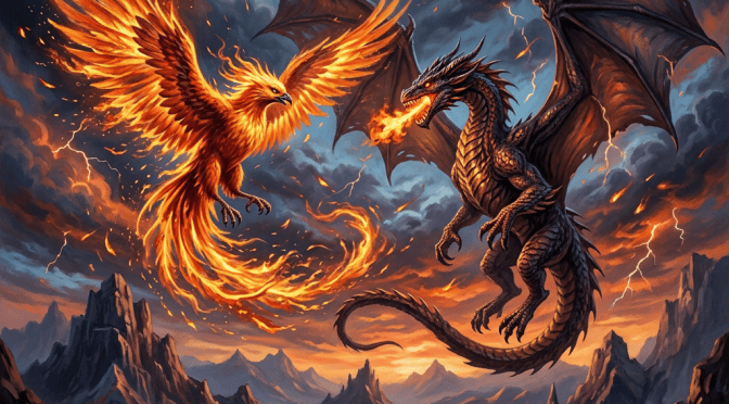 Fiery phoenix facing a fire-breathing dragon above mountain ruins